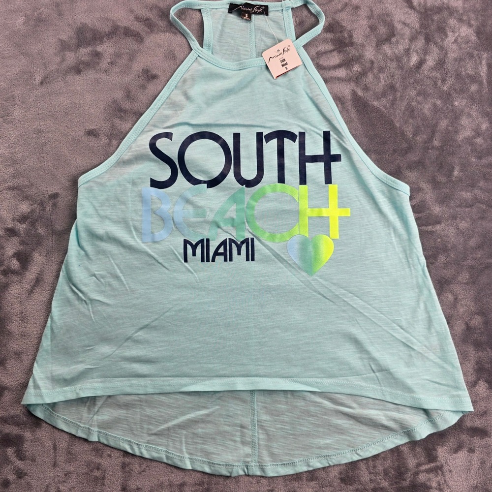 Miami Style Tank Top Women S Mint South Beach Graphic Halter High-Low‎ Hem 208